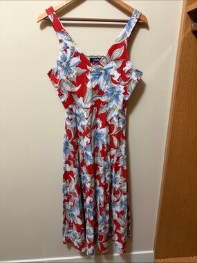 Chaps Red Floral Maxi Dress with Blue and White Blooms